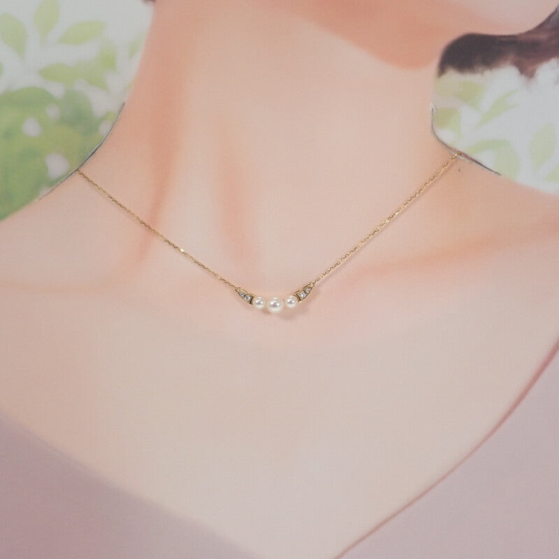 ミキモト MIKIMOTO 3連 パールペンダント ネックレス K18イエローゴールド アコヤ真珠 ダイヤモンド レディース【中古】【Aランク】