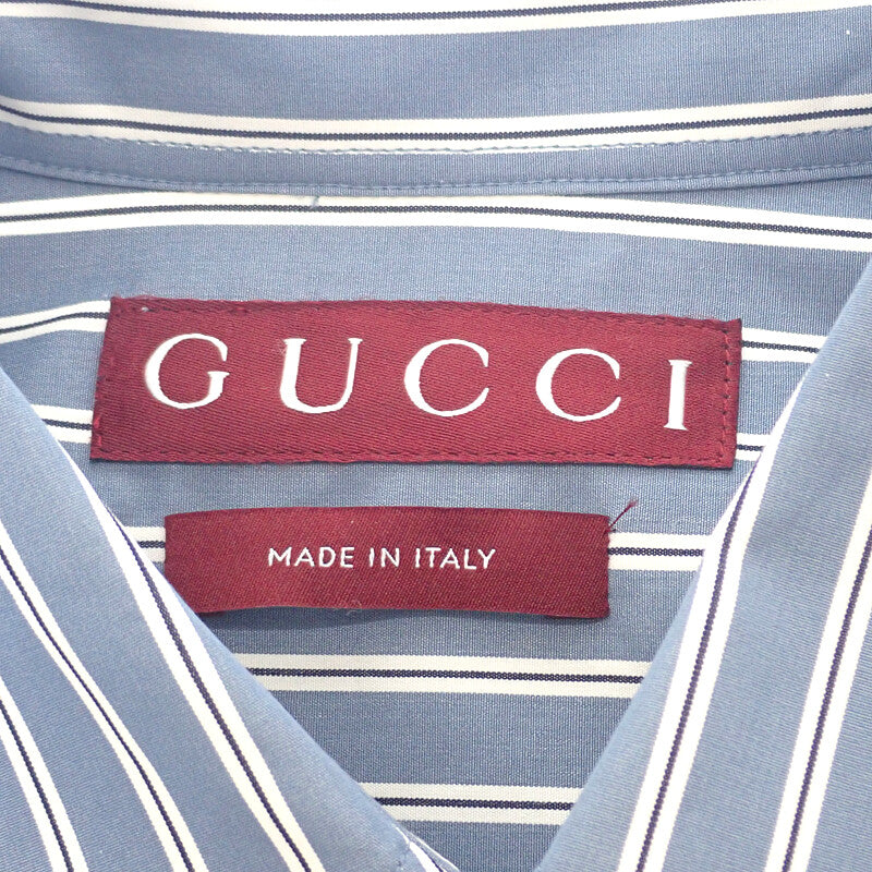 グッチ GUCCI 刺繍ストライプ 46 814715 長袖シャツ コットン ブルー メンズ【中古】【Aランク】