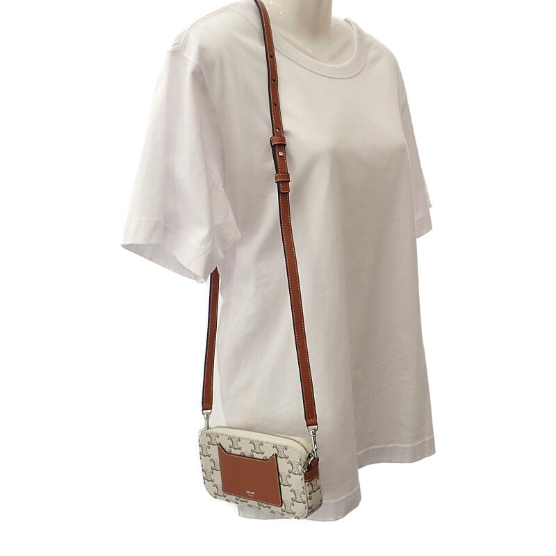 セリーヌ CELINE トリオンフ ホリゾンタル ポーチ 10L272DM5.04LE ショルダーバッグ キャンバス レザー タン エクリュ レディース【中古】【Aランク】