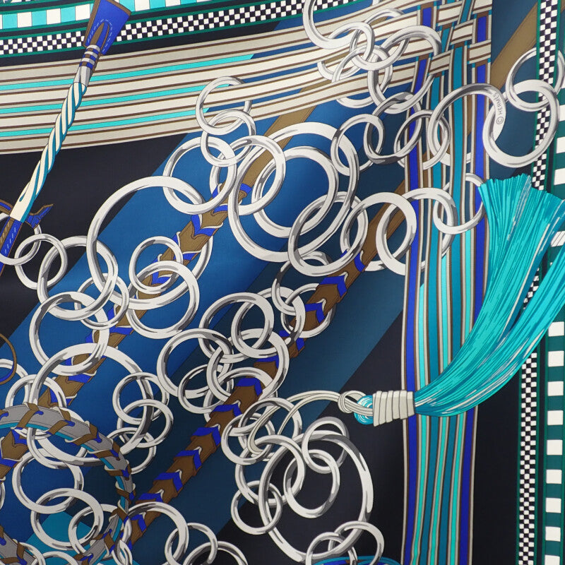 エルメス HERMES カレ90 馬勒とチャーム スカーフ シルク ブラック グリーン レディース【中古】【Aランク】