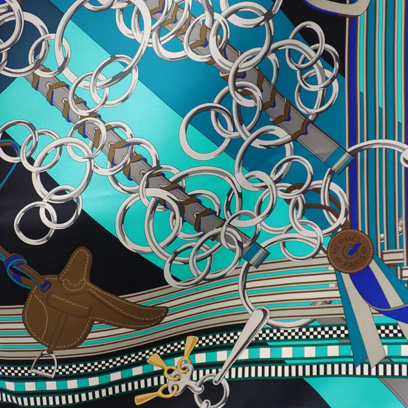 エルメス HERMES カレ90 馬勒とチャーム スカーフ シルク ブラック グリーン レディース【中古】【Aランク】