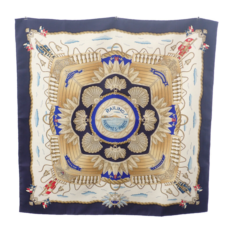エルメス HERMES カレ90 船の手摺 RAILING スカーフ シルク アイボリー ブルー レディース【中古】【Aランク】