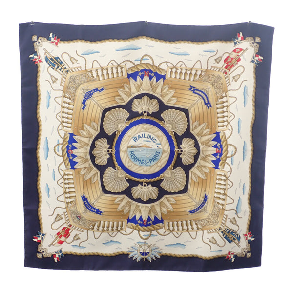 エルメス HERMES カレ90 船の手摺 RAILING スカーフ シルク アイボリー ブルー レディース【中古】【Aランク】