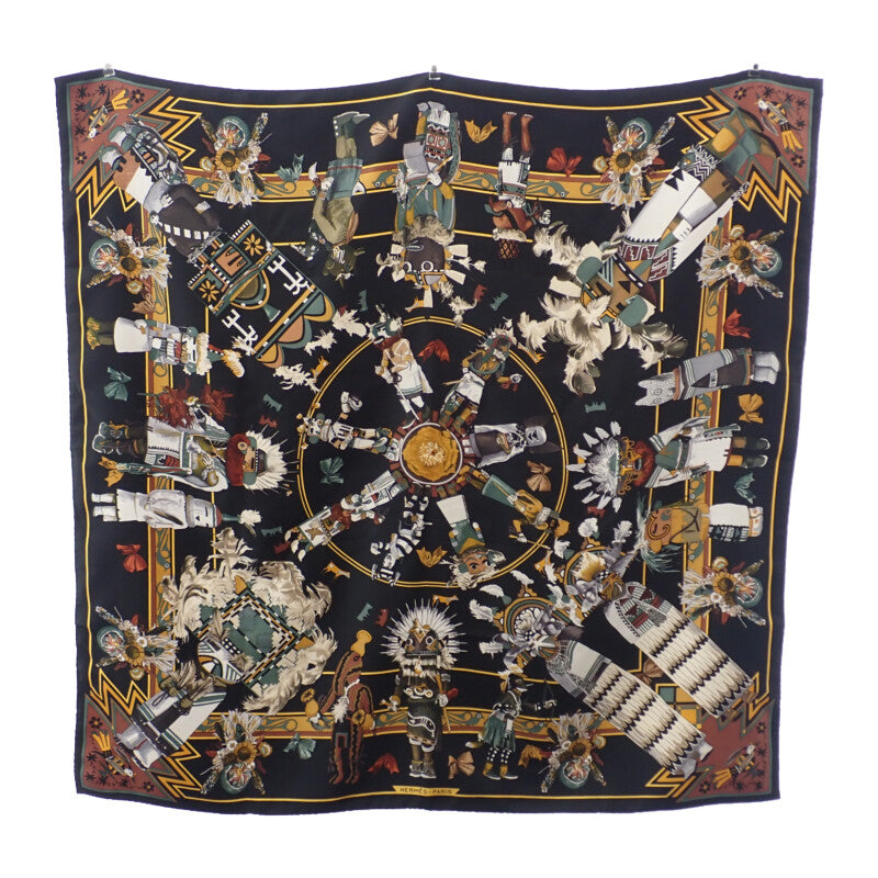 エルメス HERMES カレ90 カチナ Kachinas スカーフ シルク ブラック レディース【中古】【Aランク】