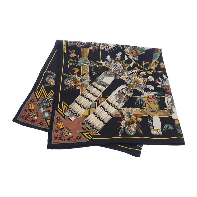 エルメス HERMES カレ90 カチナ Kachinas スカーフ シルク ブラック レディース【中古】【Aランク】