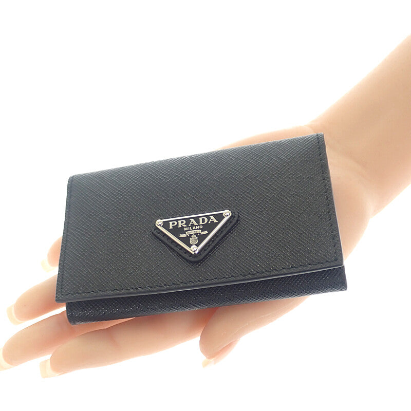 PRADA Saffiano Triangle 1MC110_QHH_F0632 Card Holder Saffiano Black Silver Hardware Women's Men's [Used] [A Rank]