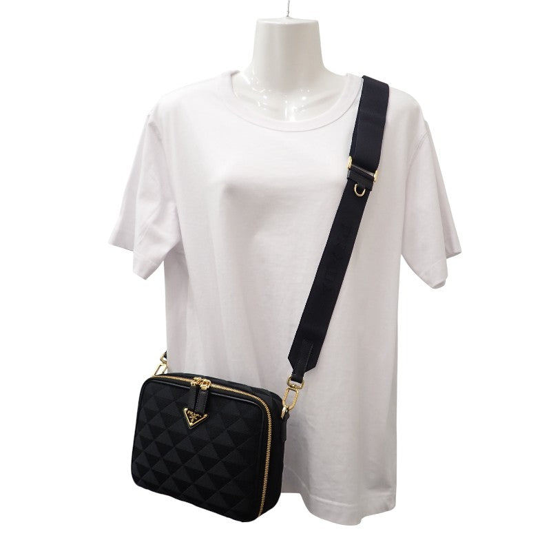 プラダ PRADA エンブロダイリー ファブリック 2VH069 ショルダーバッグ ポリエステル サフィアーノ ブラック ゴールド金具 メンズ レディース【中古】【Aランク】