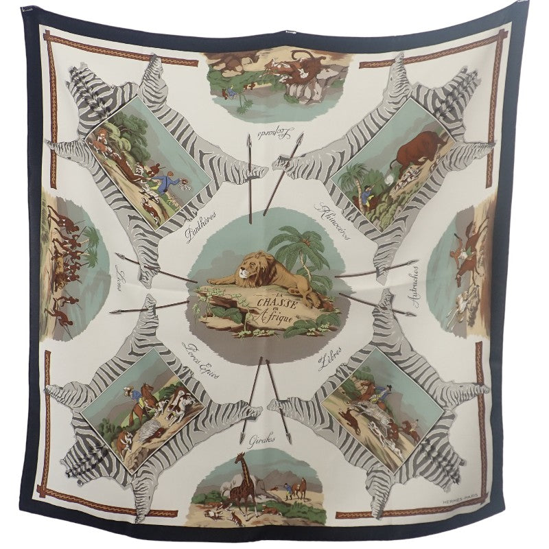 エルメス HERMES カレ70 LA CHASSE EN AFRIQUE スカーフ シルク ホワイト レディース【中古】【Aランク】
