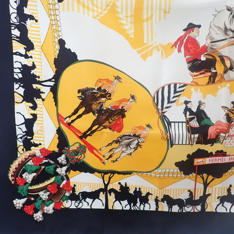 Hermes Carre 90 Feria de Sevilla Scarf Silk Black Yellow Women's [Used] [A Rank]