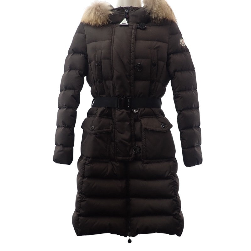 モンクレール MONCLER GENEVRIER ジェノブリエ ファー付ロングダウンコート 0 120934991725 68065 ダウンジャケット ナイロン ダウン90%/フェザー10％ ダークブラウン レディース【中古】【ABランク】