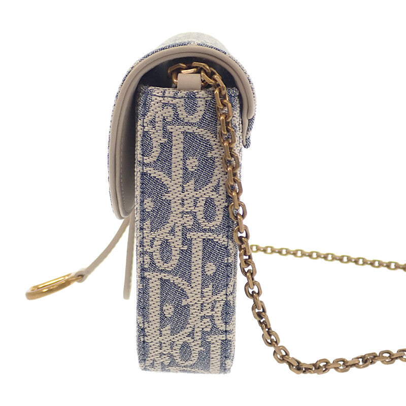 ディオール Dior チェーンポーチ ミディアム S5907CDFD ショルダーバッグ コットン ラムスキン ブルー ホワイト ゴールド金具 レディース【中古】【Aランク】