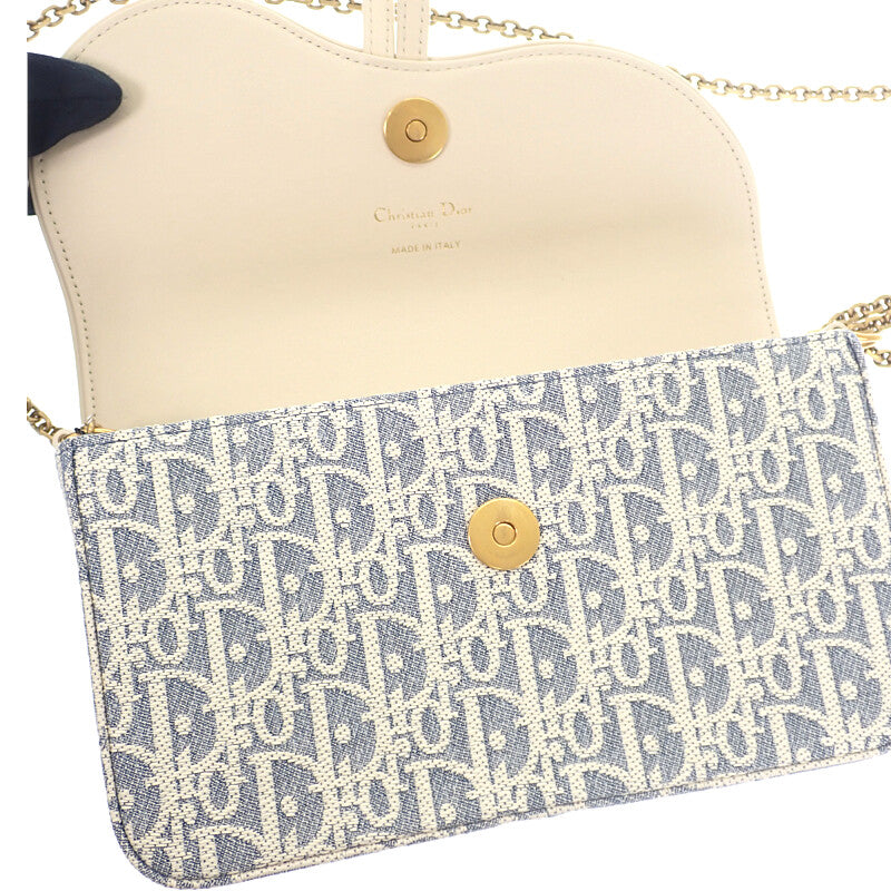 ディオール Dior チェーンポーチ ミディアム S5907CDFD ショルダーバッグ コットン ラムスキン ブルー ホワイト ゴールド金具 レディース【中古】【Aランク】