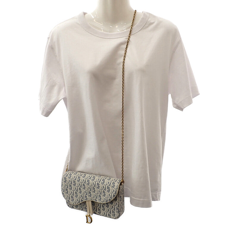 ディオール Dior チェーンポーチ ミディアム S5907CDFD ショルダーバッグ コットン ラムスキン ブルー ホワイト ゴールド金具 レディース【中古】【Aランク】