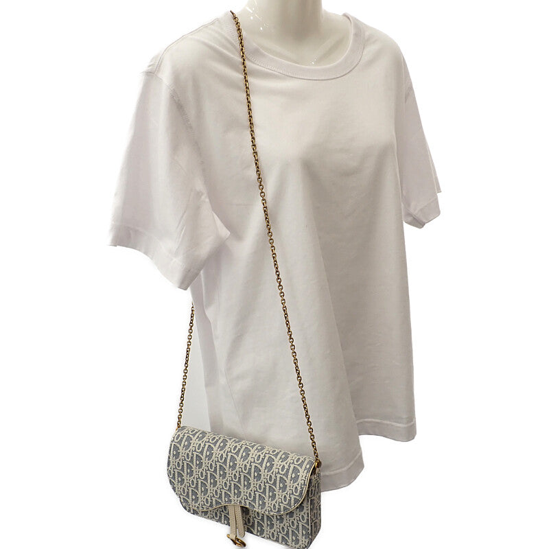 ディオール Dior チェーンポーチ ミディアム S5907CDFD ショルダーバッグ コットン ラムスキン ブルー ホワイト ゴールド金具 レディース【中古】【Aランク】