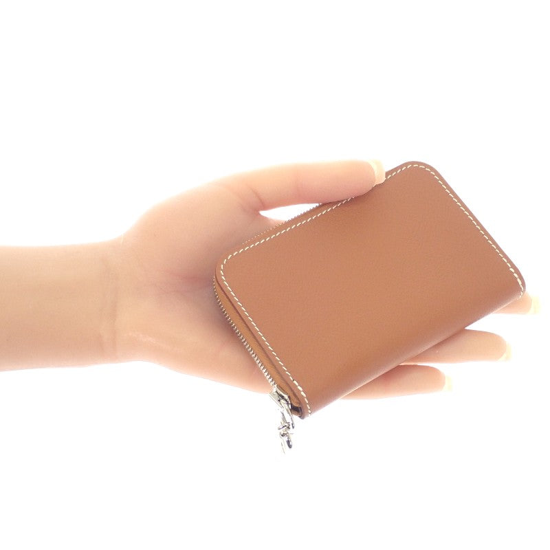 エルメス HERMES ジップアンゴーコンパクト カードケース エバーカラー ゴールド ブラウン シルバー金具 レディース【中古】【Sランク】