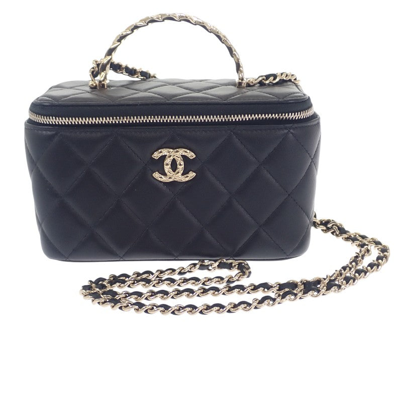 シャネル CHANEL トップハンドル ロング ヴァニティケース 2WAYバッグ ハンドバッグ ショルダーバッグ ラムスキン ブラック ゴールド金具 レディース【中古】【ABランク】