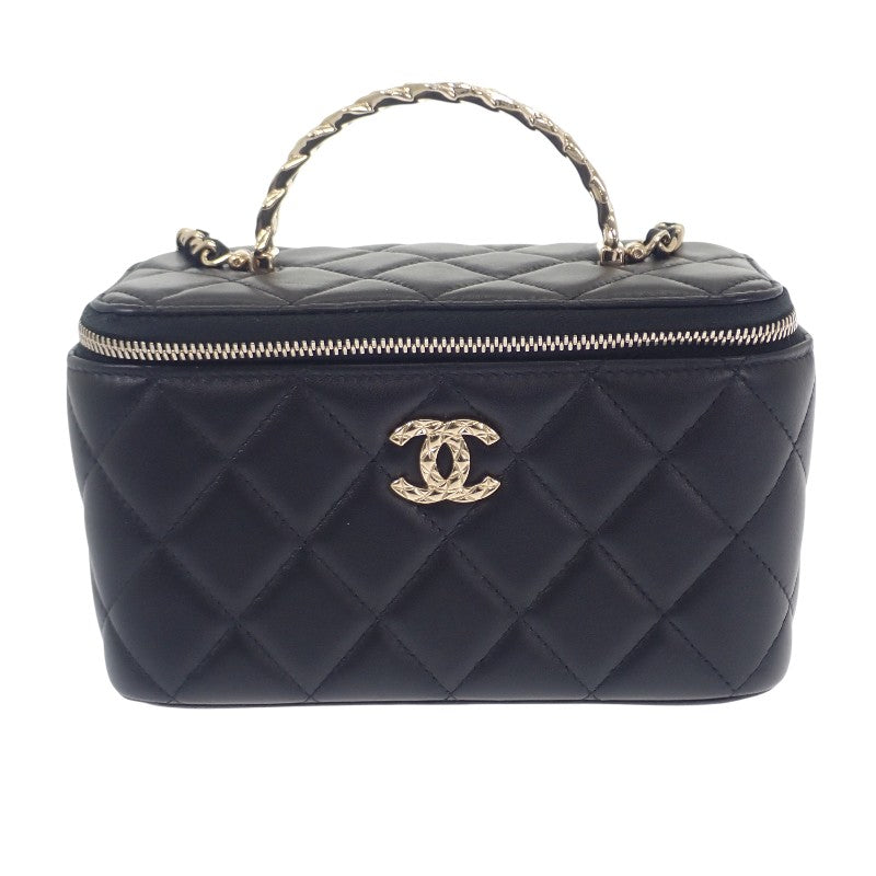 シャネル CHANEL トップハンドル ロング ヴァニティケース 2WAYバッグ ハンドバッグ ショルダーバッグ ラムスキン ブラック ゴールド金具 レディース【中古】【ABランク】