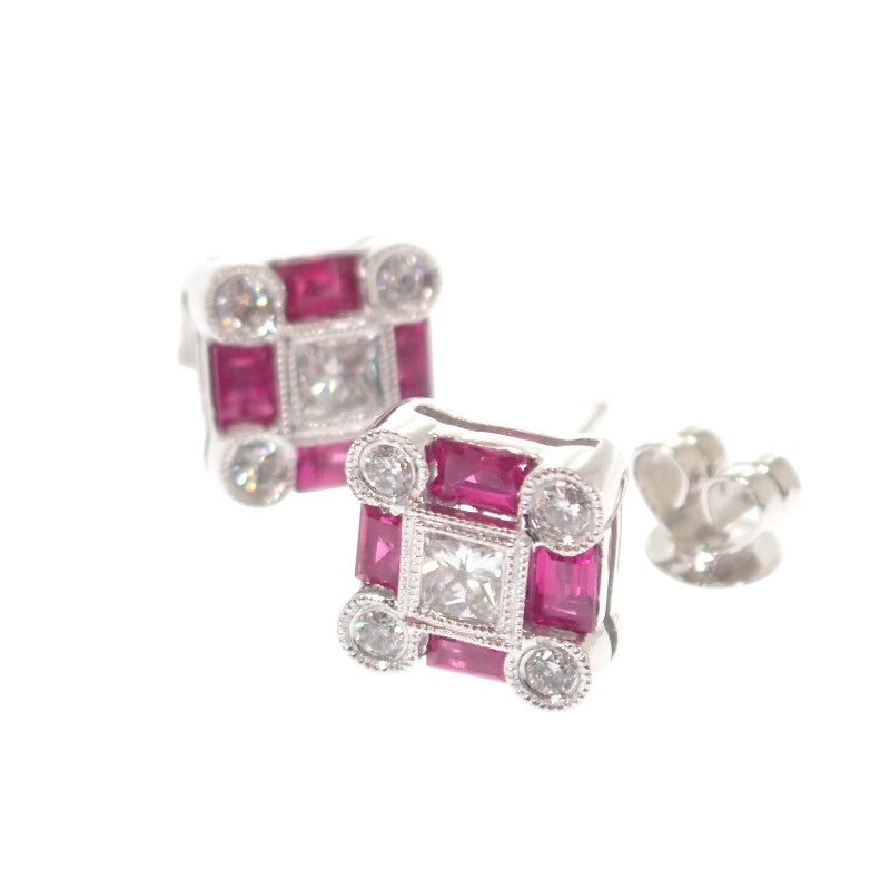 デザインジュエリー スクエア ピアス K18ホワイトゴールド ルビー ダイヤモンド レディース【中古】【Aランク】