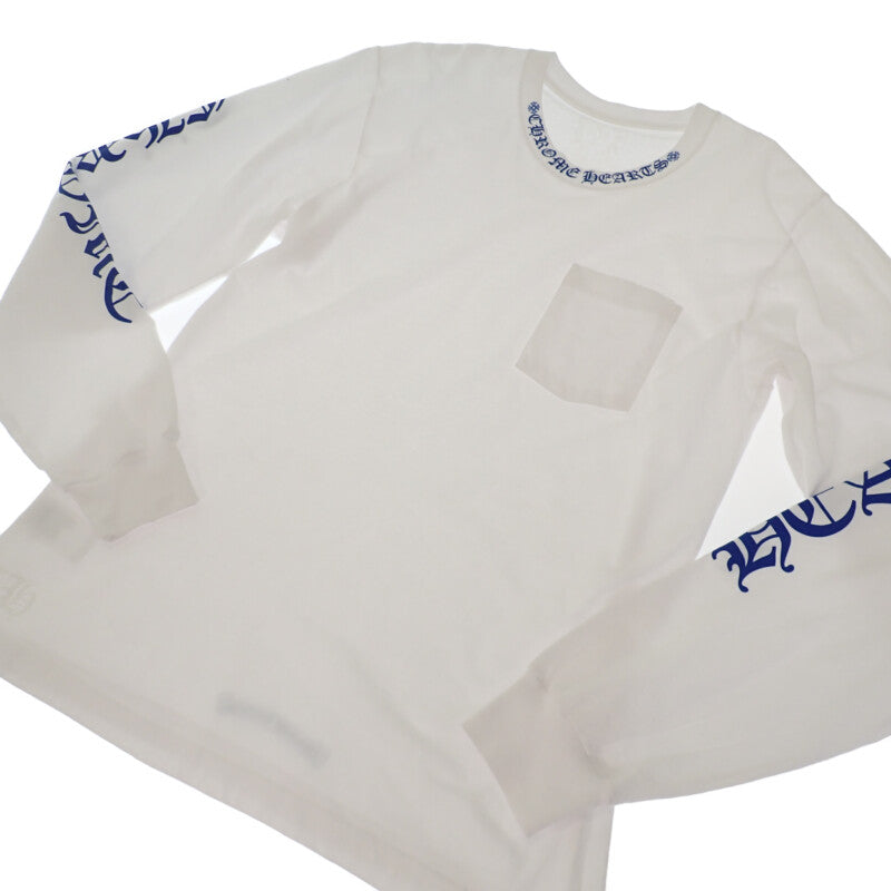 クロムハーツ CHROME HEARTS ネックロゴ ロングスリーブ トップス L 長袖Ｔシャツ コットン ホワイト ブルー メンズ【中古】【ABランク】