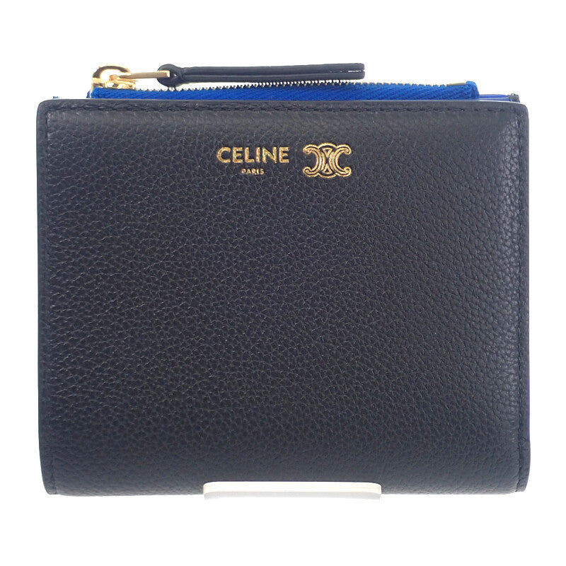 セリーヌ CELINE コンパクト ウォレット L100H2O54.GFS3 二つ折り財布 カーフ ブラック ウルトラブルー ゴールド金具 レディース【中古】【Aランク】