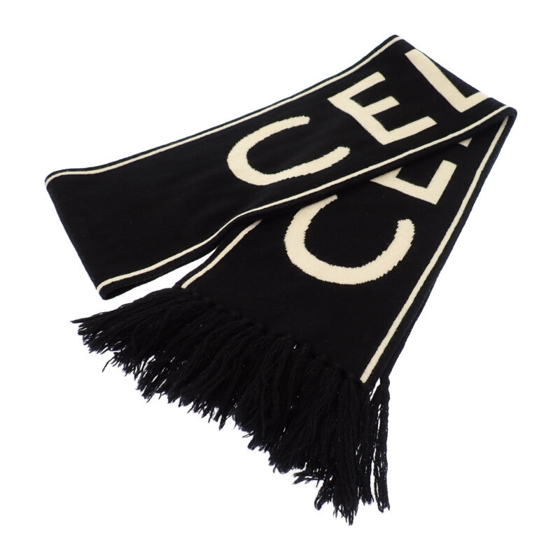 セリーヌ CELINE ロゴ フリンジ 2A95Q227O.38OW マフラー ウール カシミヤ ブラック レディース メンズ【中古】【ABランク】