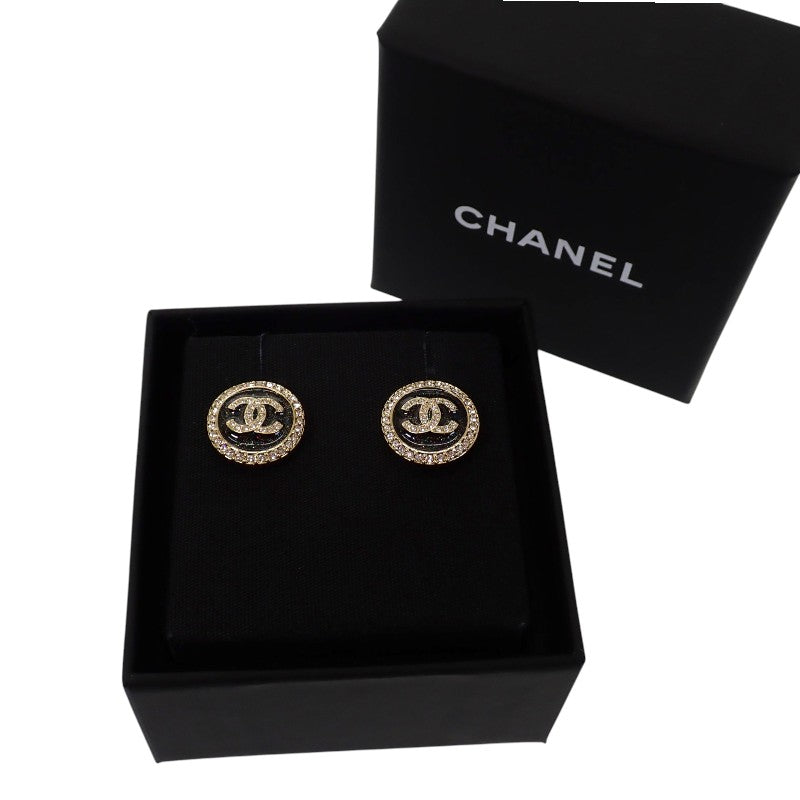 シャネル CHANEL CC ラウンド ABG409 ピアス メタル ストラス ブラック ゴールド レディース【中古】【Aランク】