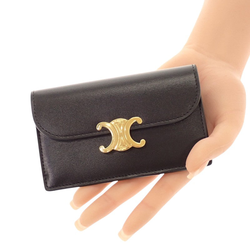 セリーヌ CELINE トリオンフフラップ付き ロングカードホルダー 10P073DPV.38NO コインケース カーフ ブラック ゴールド金具 レディース【中古】【Aランク】