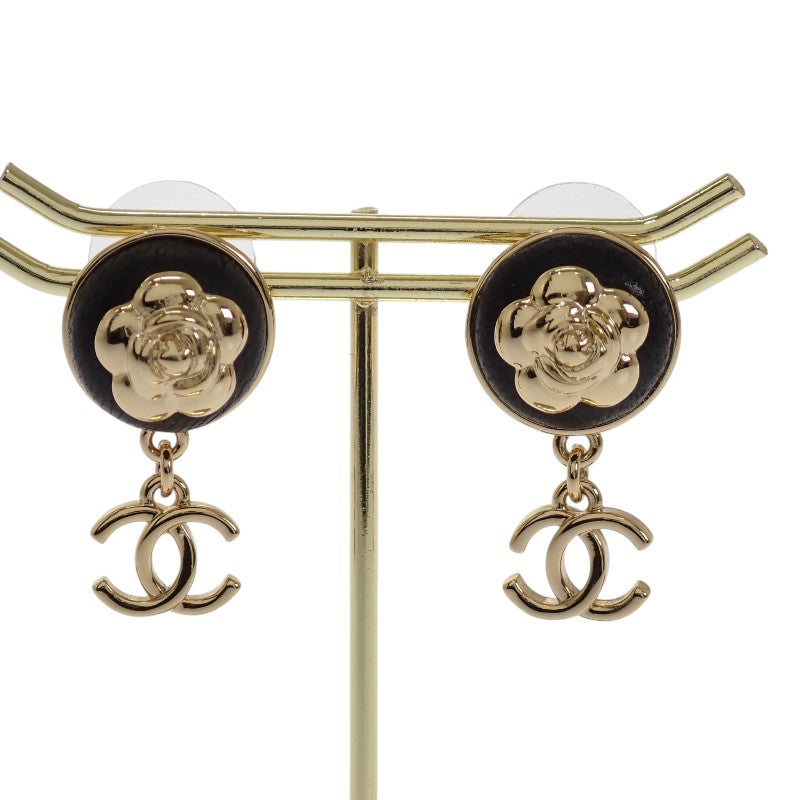 シャネル CHANEL CCカメリア ココマーク AB8977 ピアス メタル レザー ゴールド ブラック レディース【中古】【Aランク】