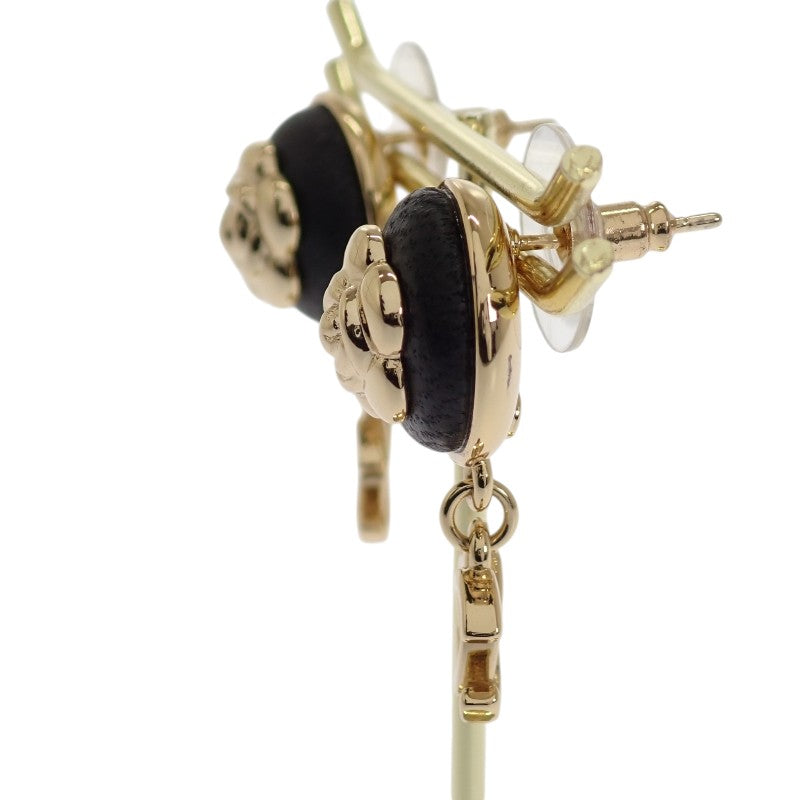 シャネル CHANEL CCカメリア ココマーク AB8977 ピアス メタル レザー ゴールド ブラック レディース【中古】【Aランク】