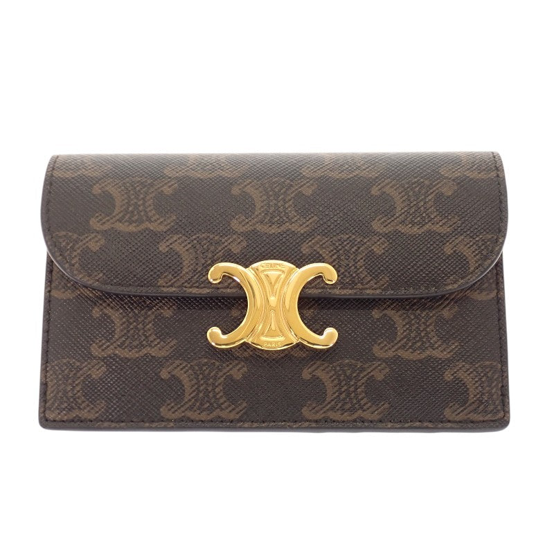 セリーヌ CELINE トリオンフフラップ付き ロングカードホルダー 10P072CQH.04LU コインケース カーフ トリオンフキャンバス タン ゴールド金具 レディース【中古】【Aランク】