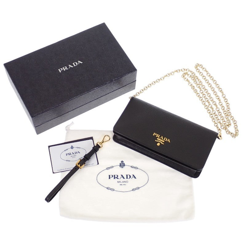 プラダ PRADA レザー 1DH029 ウォレットチェーン サフィアーノ ブラック ゴールド金具 レディース【中古】【Aランク】