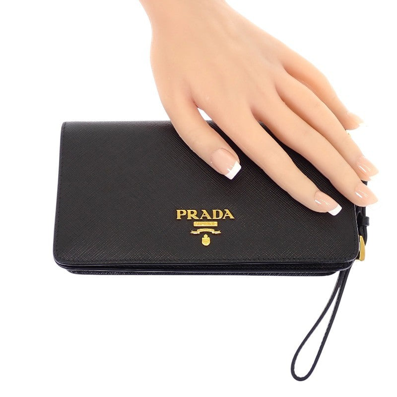 プラダ PRADA レザー 1DH029 ウォレットチェーン サフィアーノ ブラック ゴールド金具 レディース【中古】【Aランク】