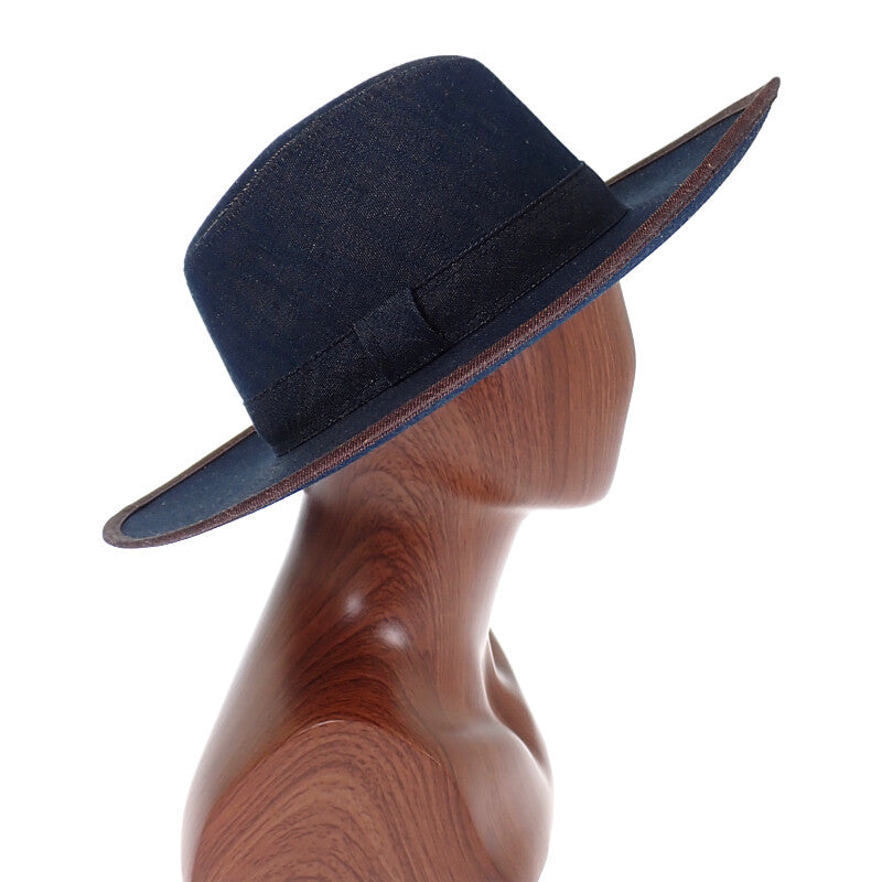 HERMES Wide Brim Hat Cotton Linen Denim Indigo Blue 57 Women's [Used]
