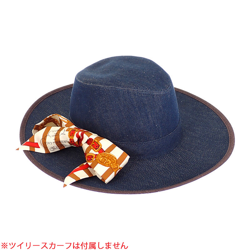 HERMES Wide Brim Hat Cotton Linen Denim Indigo Blue 57 Women's [Used]