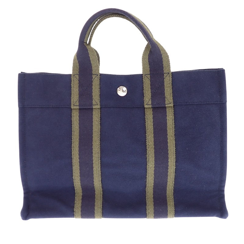 エルメス HERMES フールトゥPM トートバッグ コットン ネイビー カーキ シルバー金具 レディース【中古】【ABランク】