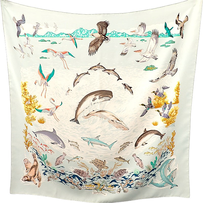 エルメス HERMES カレ90 Lavie Precieuse de la Mediterranee スカーフ シルク ライトブルー レディース【中古】【ABランク】