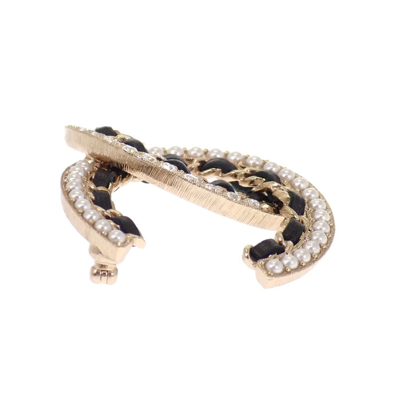 CHANEL Coco Mark AB5199 Brooch Metal Leather Gold Black Women's [Used] [A Rank]