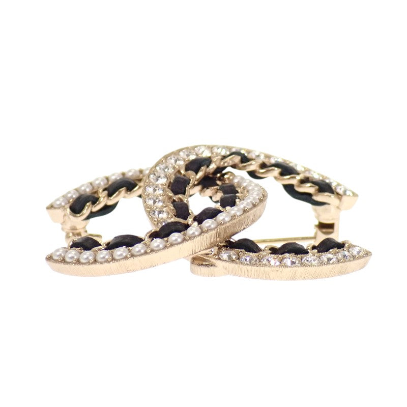 CHANEL Coco Mark AB5199 Brooch Metal Leather Gold Black Women's [Used] [A Rank]