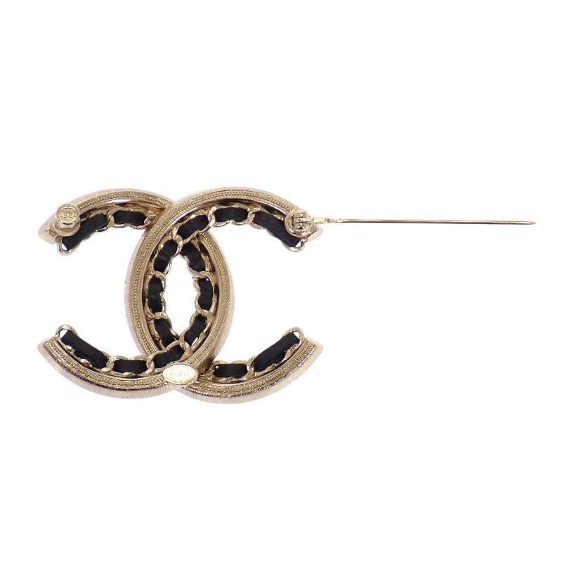CHANEL Coco Mark AB5199 Brooch Metal Leather Gold Black Women's [Used] [A Rank]