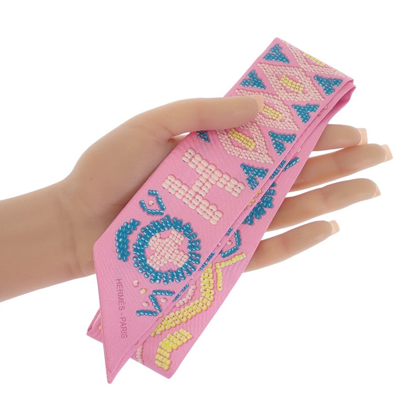 HERMES Twilly KELLY EN PERLES Scarf Silk Pink Blue Ladies [Used] [A Rank]