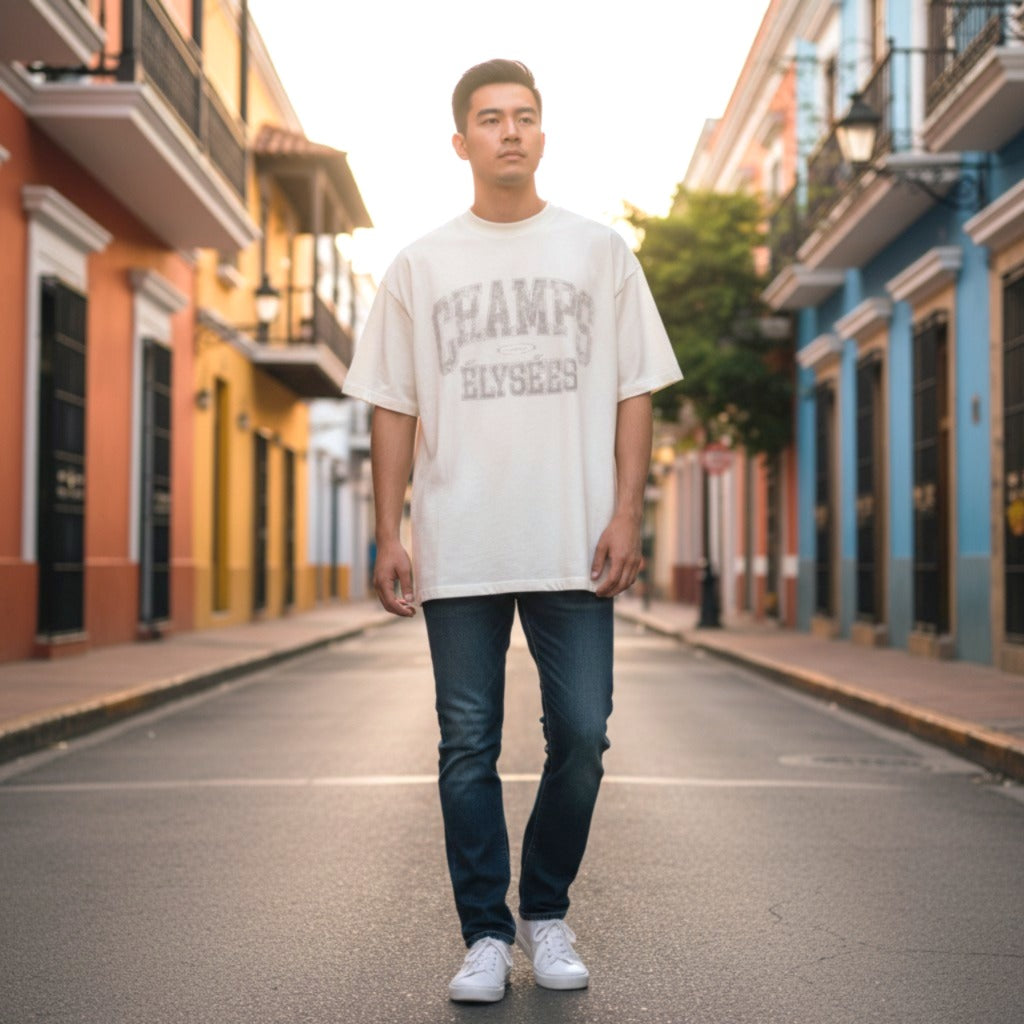 BALENCIAGA Oversized T-Shirt CHAMPS ELYSEES T-Shirt 2 787349 TRVN1 9016 Short Sleeve T-Shirt Cotton White Men's Women's Unisex【Used】【A Rank】