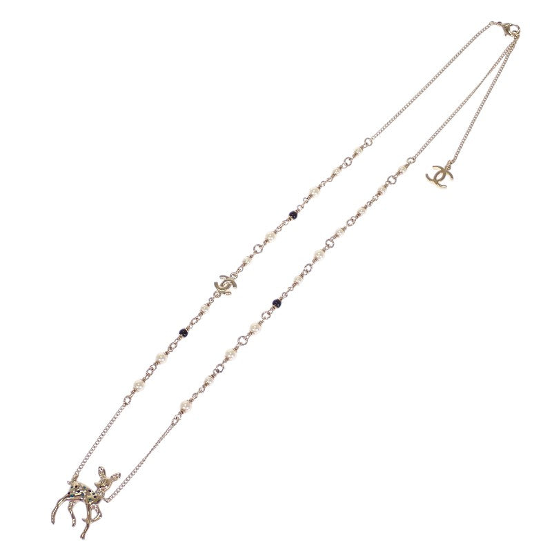 Chanel CC Bambi Necklace Metal Faux Pearl Rhinestone Gold Women's [Used] [A Rank]