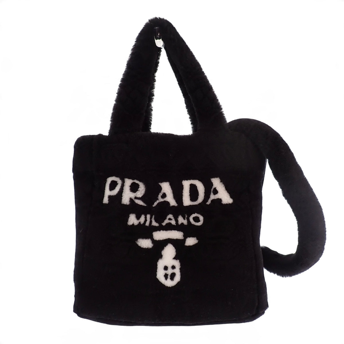 プラダ PRADA シアリング トートバッグ 1BG447 2EC9 F0IAU 2WAYバッグ ショルダーバッグ シープレザー 羊毛 ブラック ホワイトロゴ ゴールド金具 レディース【中古】【Aランク】