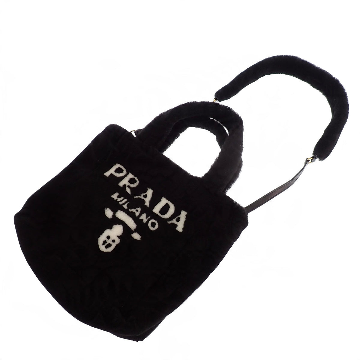 プラダ PRADA シアリング トートバッグ 1BG447 2EC9 F0IAU 2WAYバッグ ショルダーバッグ シープレザー 羊毛 ブラック ホワイトロゴ ゴールド金具 レディース【中古】【Aランク】