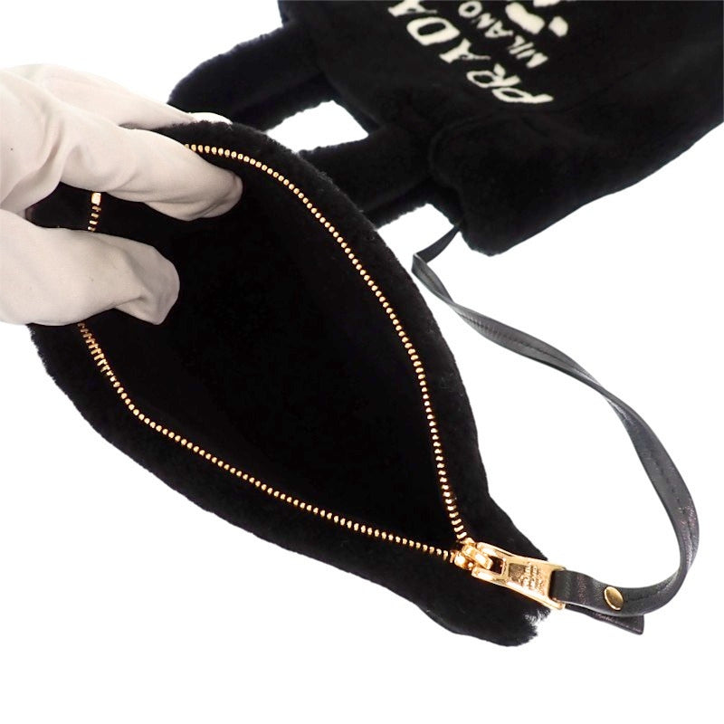プラダ PRADA シアリング トートバッグ 1BG447 2EC9 F0IAU 2WAYバッグ ショルダーバッグ シープレザー 羊毛 ブラック ホワイトロゴ ゴールド金具 レディース【中古】【Aランク】