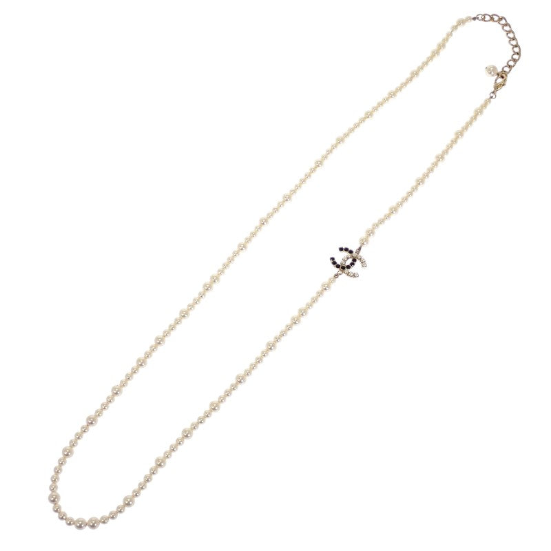 CHANEL CC Pearl Long Necklace Metal Faux Pearl White Black Gold Hardware Women's
