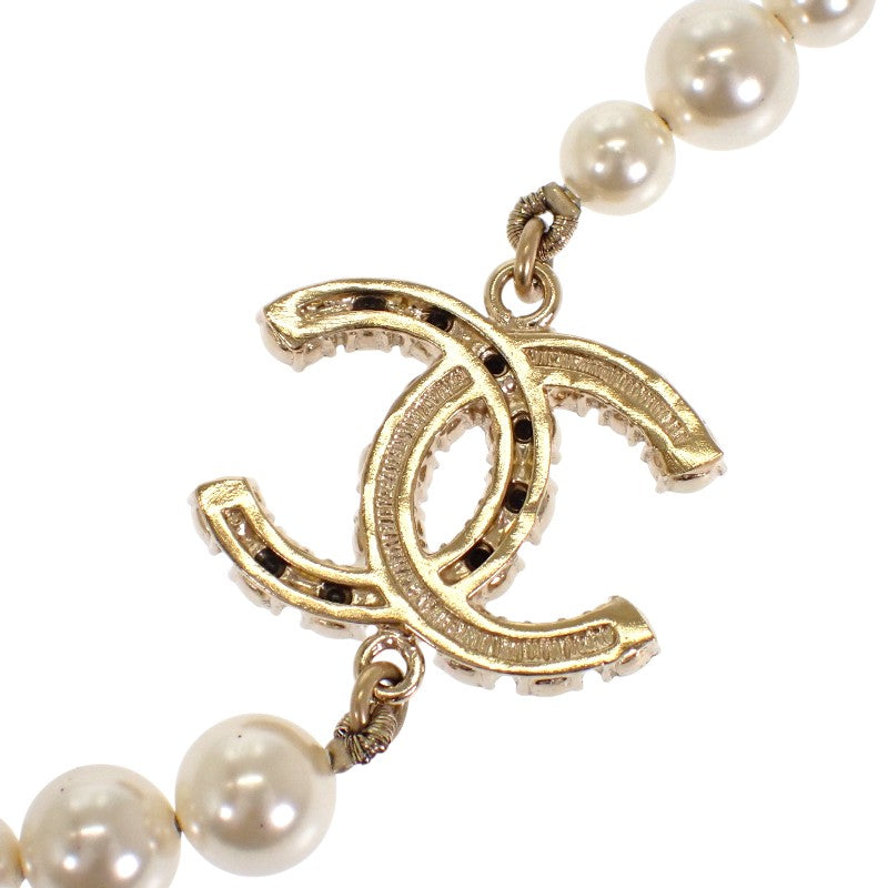 CHANEL CC Pearl Long Necklace Metal Faux Pearl White Black Gold Hardware Women's