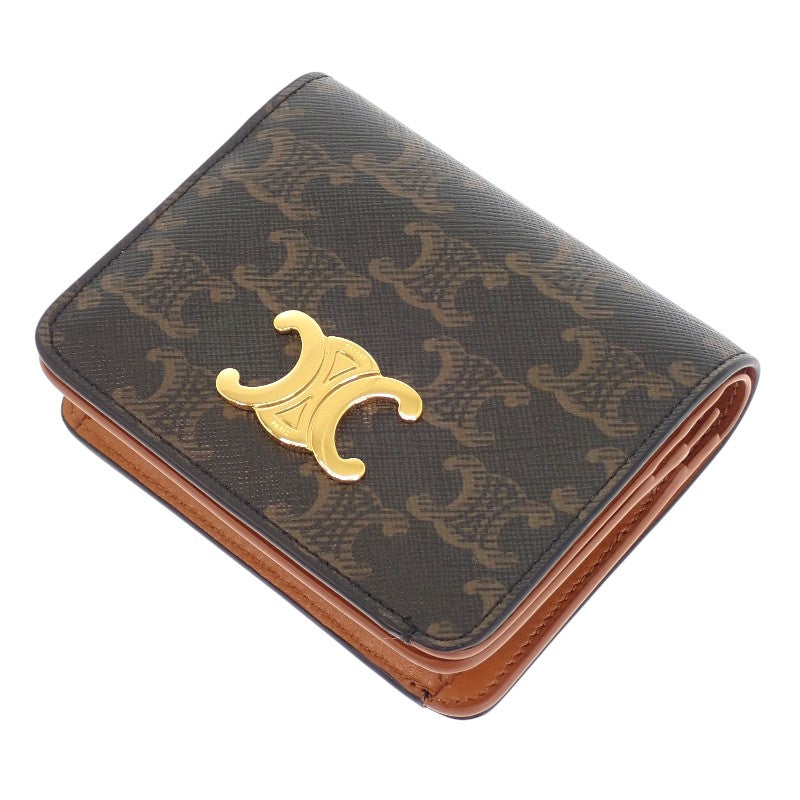 セリーヌ CELINE トリオンフ コンパクト ウォレット 10K622CQH.04LU 二つ折り財布 トリオンフキャンバス タン ブラウン系 レディース【中古】【Aランク】