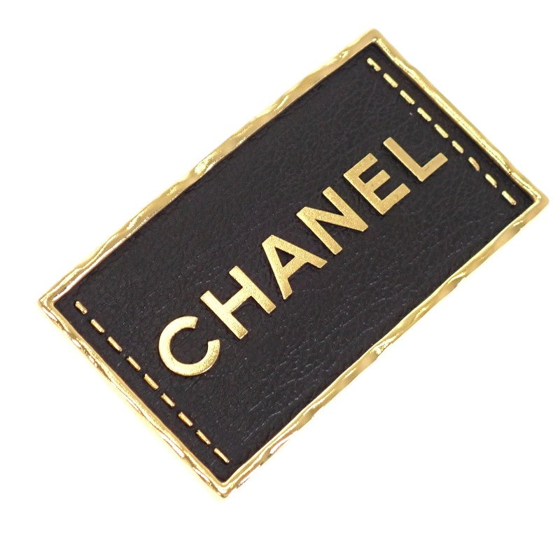 Chanel CHANEL Logo Plate ABA771 Brooch Metal Leather Gold Black Women's【Used】【A Rank】