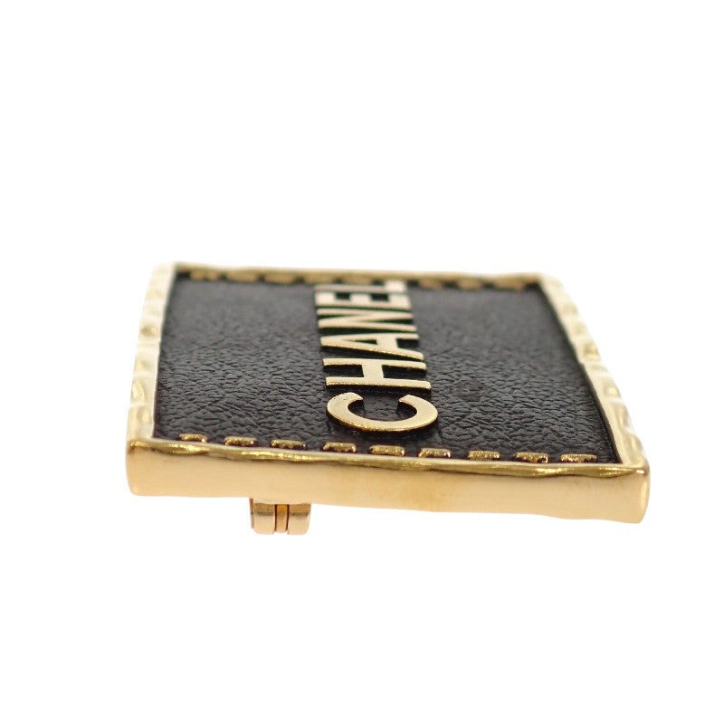 Chanel CHANEL Logo Plate ABA771 Brooch Metal Leather Gold Black Women's【Used】【A Rank】